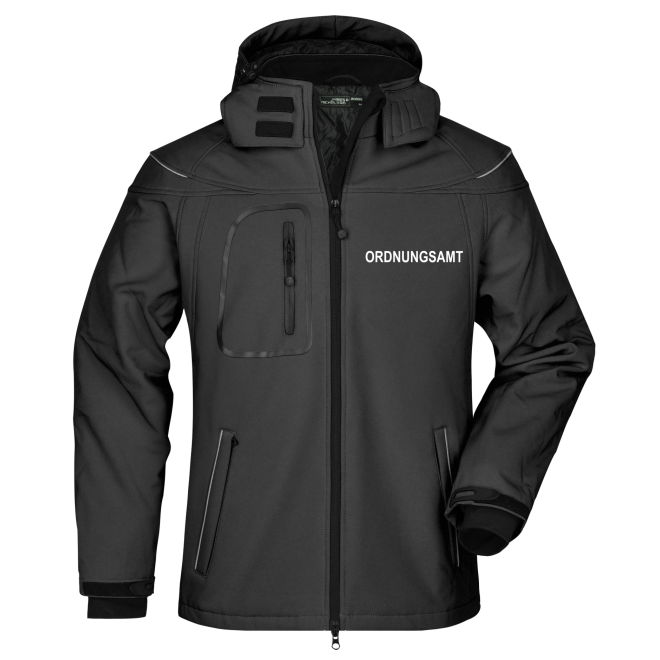 Wintersoftshell-Jacke, warm, wasserdicht und funktional, Ansicht von vorn mit Druckbeispiel